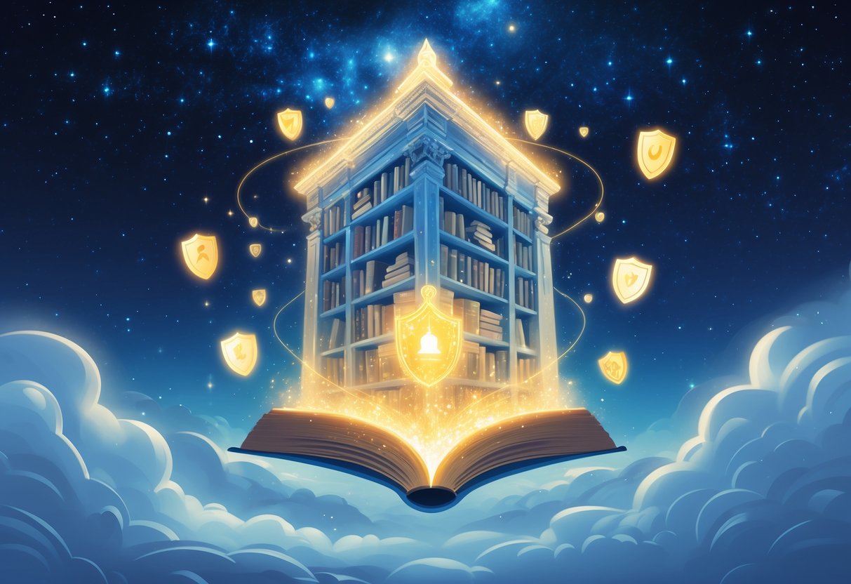 Una figura luminosa sostiene un libro mágico en una biblioteca antigua flotante rodeada de luces y símbolos de protección bajo un cielo estrellado.