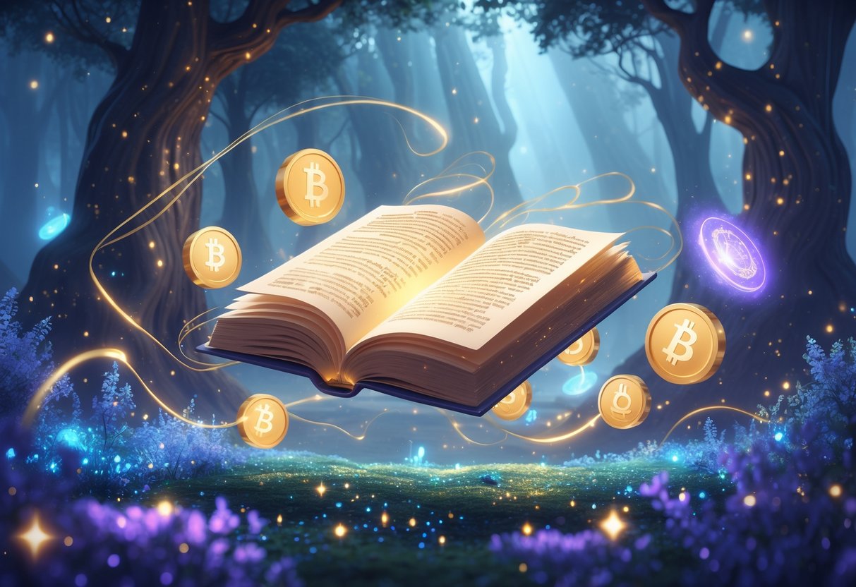 Un libro mágico flotando en un bosque encantado con luces brillantes y símbolos brillantes que representan tesoros digitales.