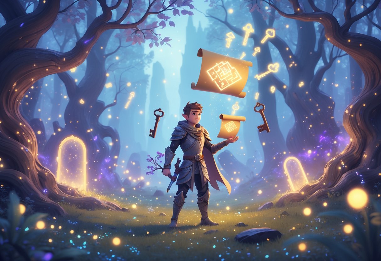 Un joven aventurero en un bosque mágico sostiene un pergamino brillante rodeado de llaves flotantes y portales luminosos, con árboles altos y hojas resplandecientes alrededor.