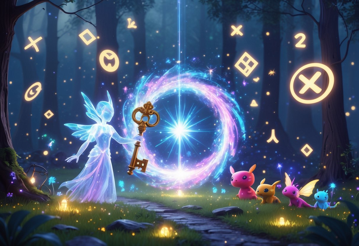 Un bosque encantado con un espíritu luminoso sosteniendo una llave brillante frente a un portal mágico rodeado de criaturas fantásticas.