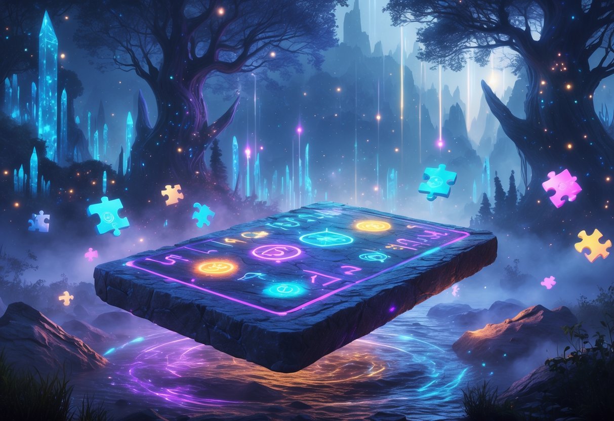 Un paisaje fantástico con un antiguo tablet flotante cubierto de runas brillantes, rodeado de llaves holográficas y un bosque encantado con árboles cristalinos bajo un cielo estrellado.