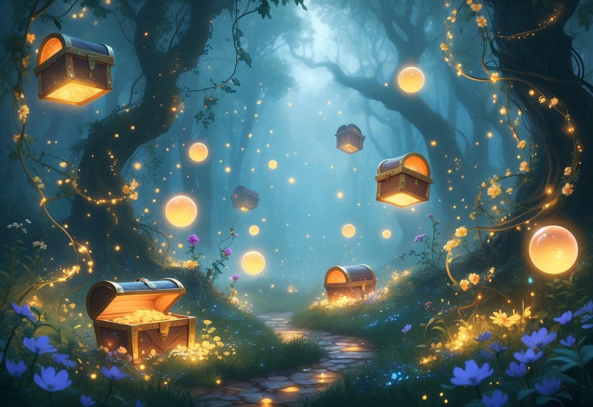 Un bosque encantado con cofres flotantes y orbes brillantes que representan sorpresas y recompensas secretas, rodeado de runas y criaturas fantásticas entre la niebla.
