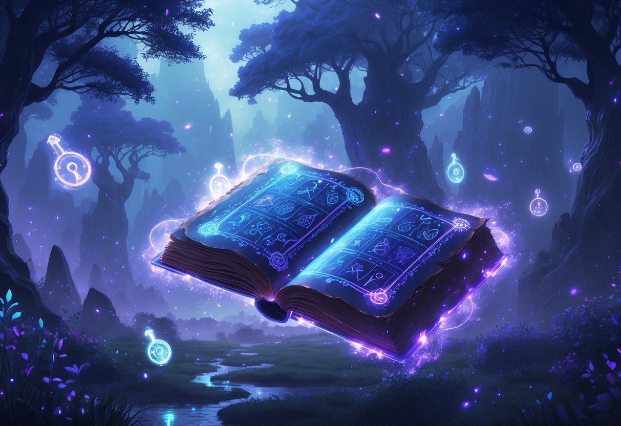 Un libro antiguo flotante con símbolos brillantes y llaves holográficas en un bosque mágico con árboles luminosos y islas flotantes bajo un cielo crepuscular.