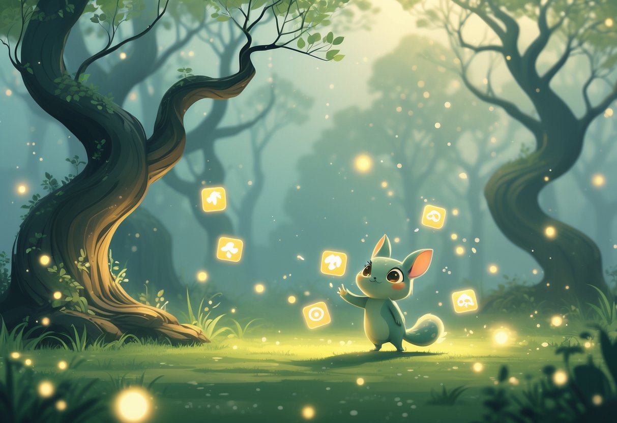 Un bosque mágico con un pequeño criatura jugando con iconos brillantes flotantes, rodeada de árboles antiguos y luces suaves.