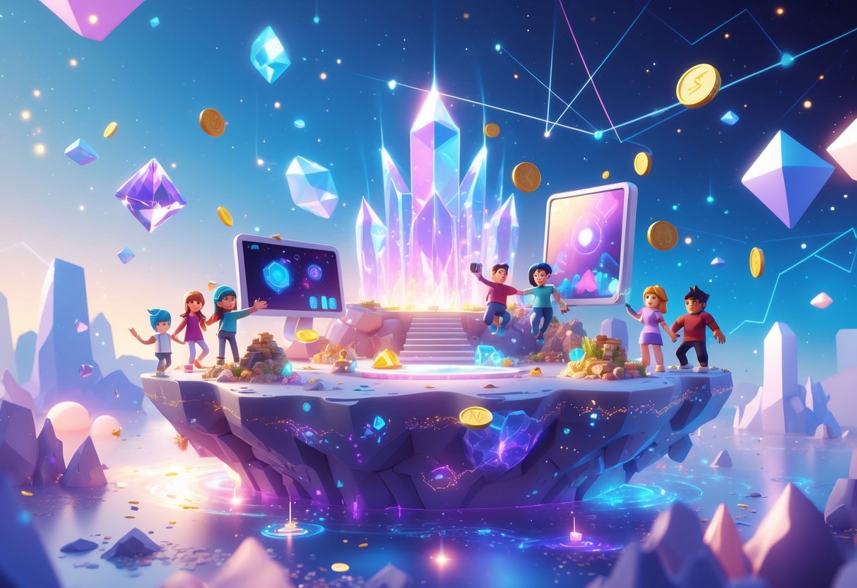 Isla flotante mágica con personajes interactuando con objetos digitales brillantes y monedas en un paisaje fantástico.