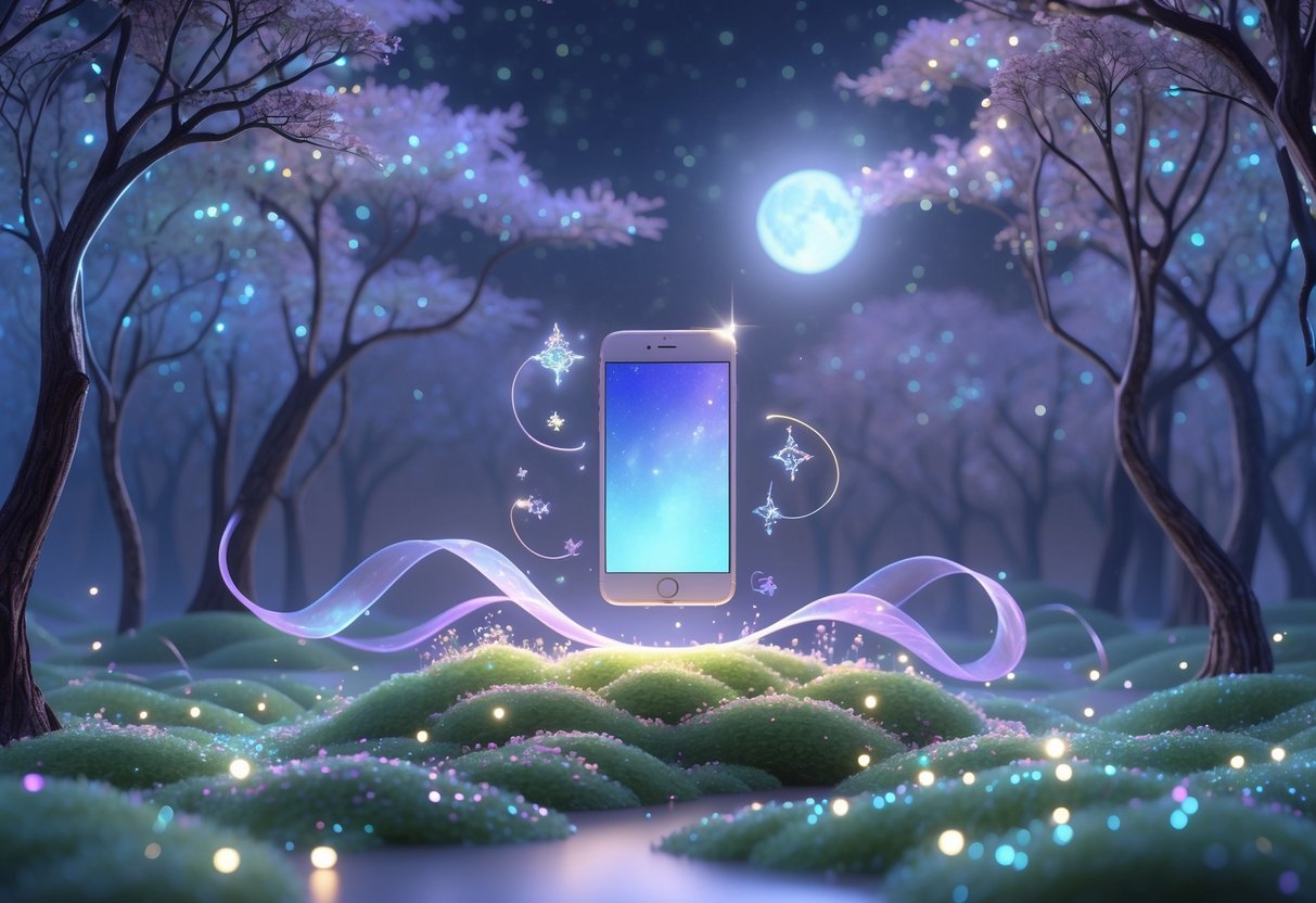 Un dispositivo móvil flotando sobre musgo brillante en un bosque mágico con luces suaves y árboles antiguos bajo un cielo crepuscular estrellado.
