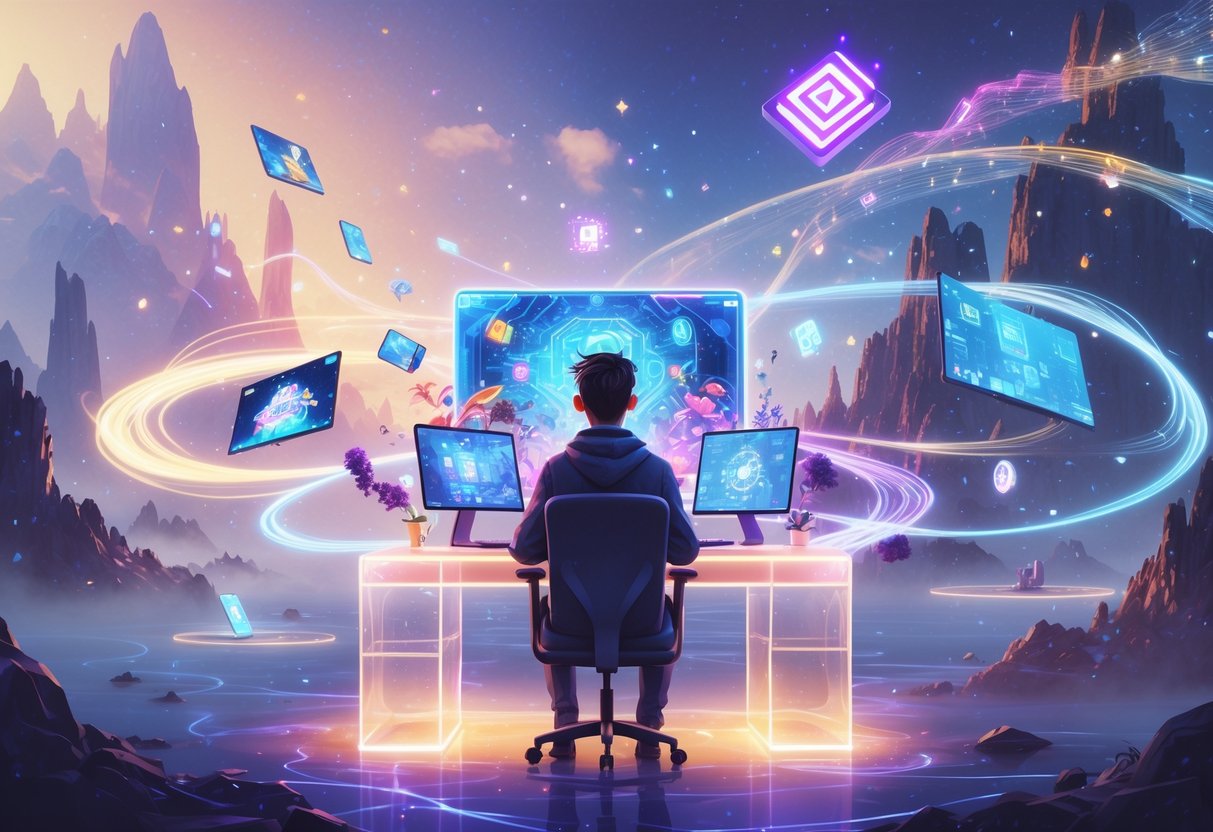 Una persona trabajando en un escritorio con pantallas holográficas flotantes y elementos de juego, rodeada de un paisaje fantástico con islas flotantes y luces brillantes.