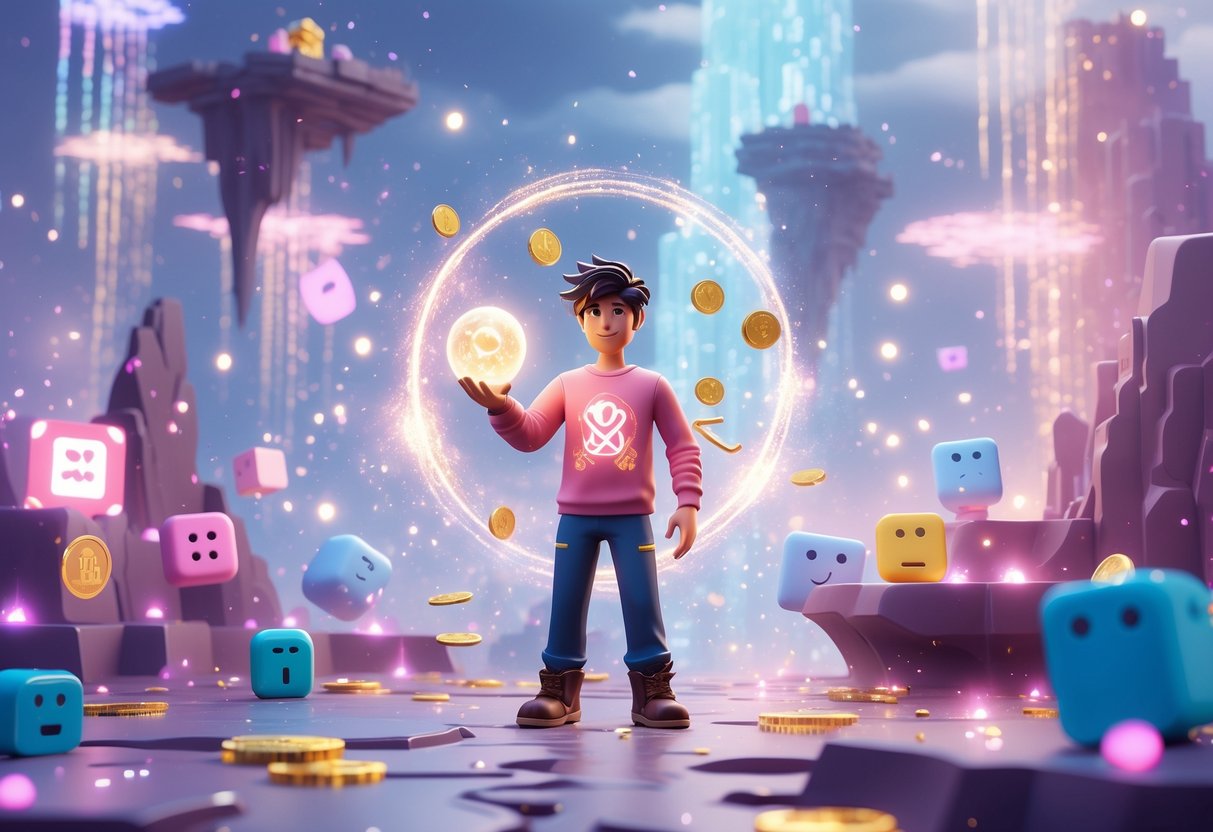 Una persona en un mundo digital brillante rodeada de elementos de juego flotantes y símbolos mágicos, con un paisaje celestial y luces suaves.
