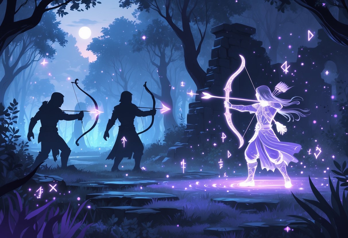 Un guerrero brillante con un arco en un bosque iluminado, rodeado de figuras fantasmales que representan errores, mostrando una escena de concentración y estrategia.