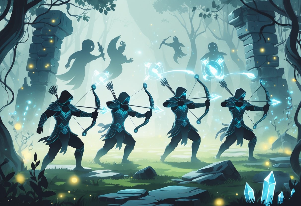 Un campo de batalla en un bosque mágico con figuras fantasmales que representan errores en juegos de disparos y héroes brillantes que muestran técnicas para evitarlos.