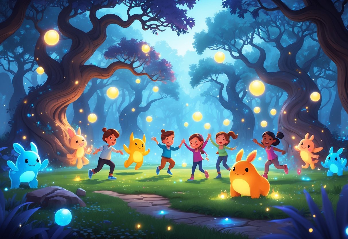Niños jugando alegremente en un bosque encantado rodeados de criaturas fantásticas y luces brillantes.