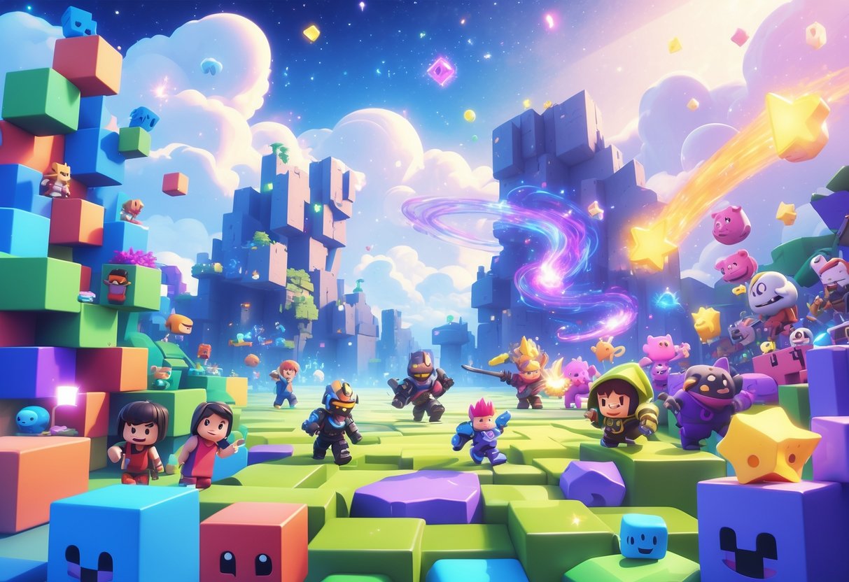 Tres mundos fantásticos conectados: un paisaje de bloques y avatares, un campo de batalla con guerreros brillantes, y una arena con personajes animados en combate, todos iluminados por una luz suave y mágica.