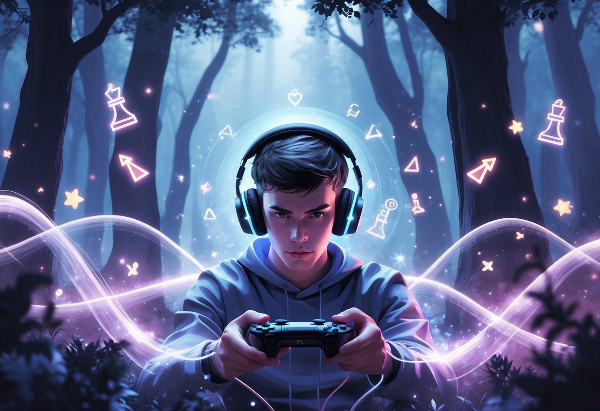Un joven con auriculares luminosos en un bosque encantado, rodeado de ondas de sonido mágicas y símbolos flotantes que representan estrategia y victoria.