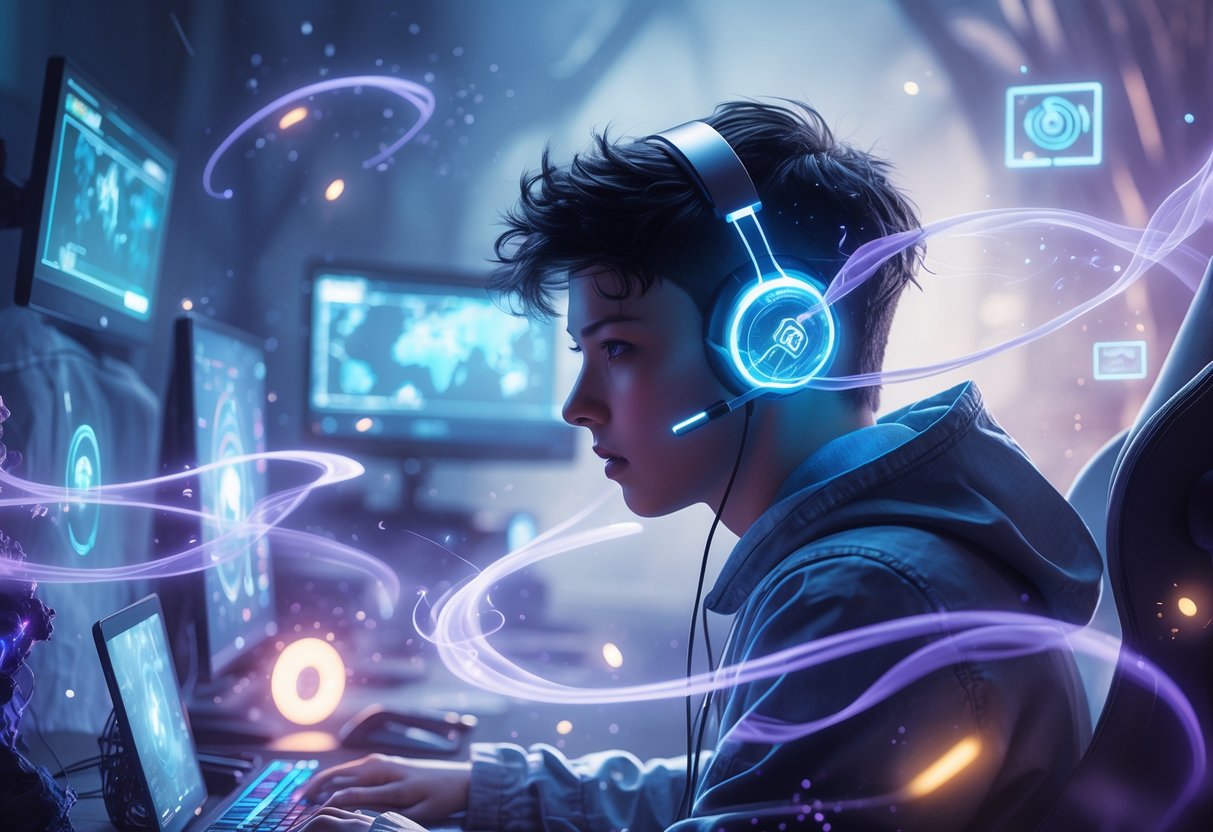 Un jugador concentrado usando auriculares brillantes rodeado de elementos digitales flotantes que representan un entorno de videojuegos competitivo.