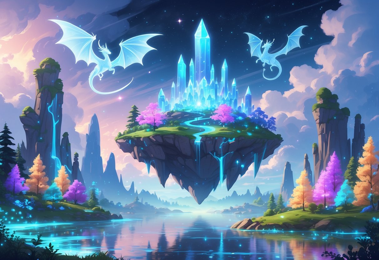 Isla flotante mágica con torres de cristal luminosas, dragones en el cielo y un bosque encantado con árboles brillantes y arroyos relucientes.